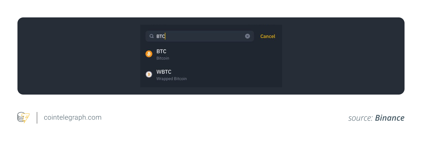 Search BTC in the list of coins