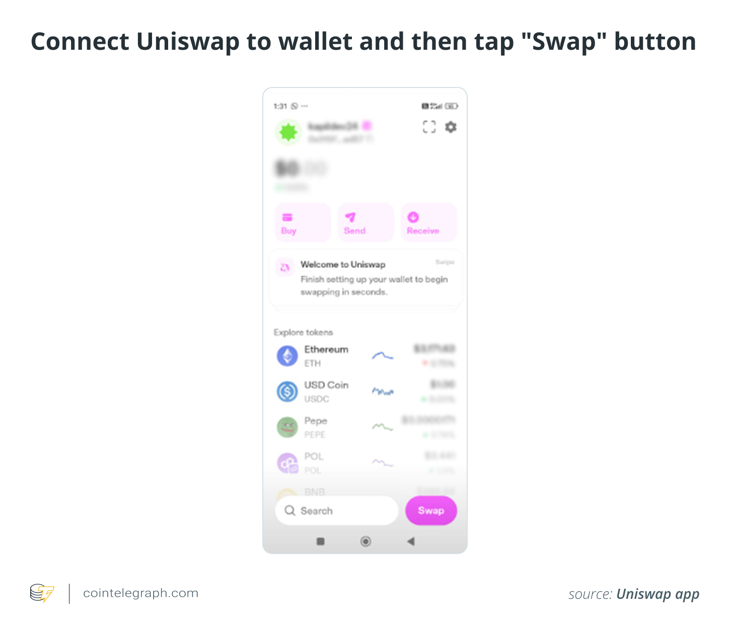 Connect Uniswap to wallet and then tap Swap button