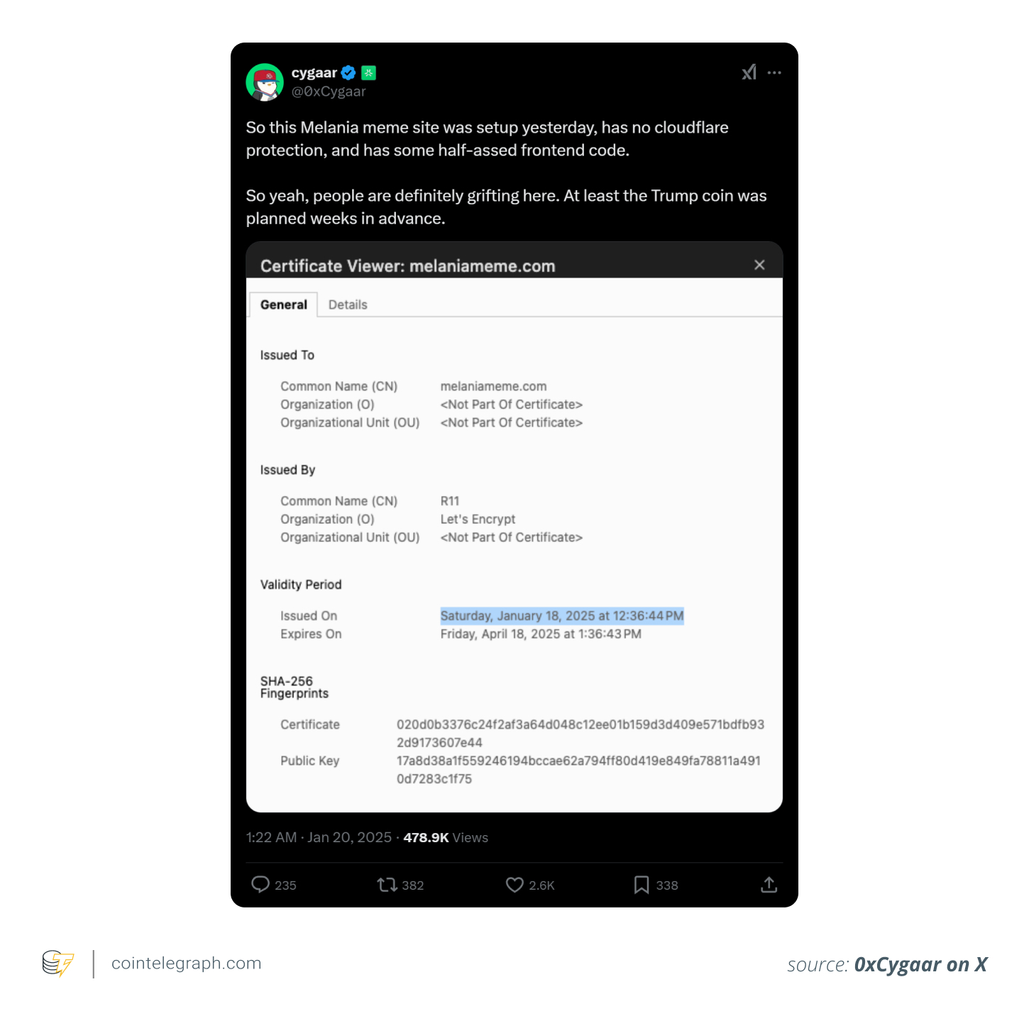 Cygaar's X post regarding $MELANIA