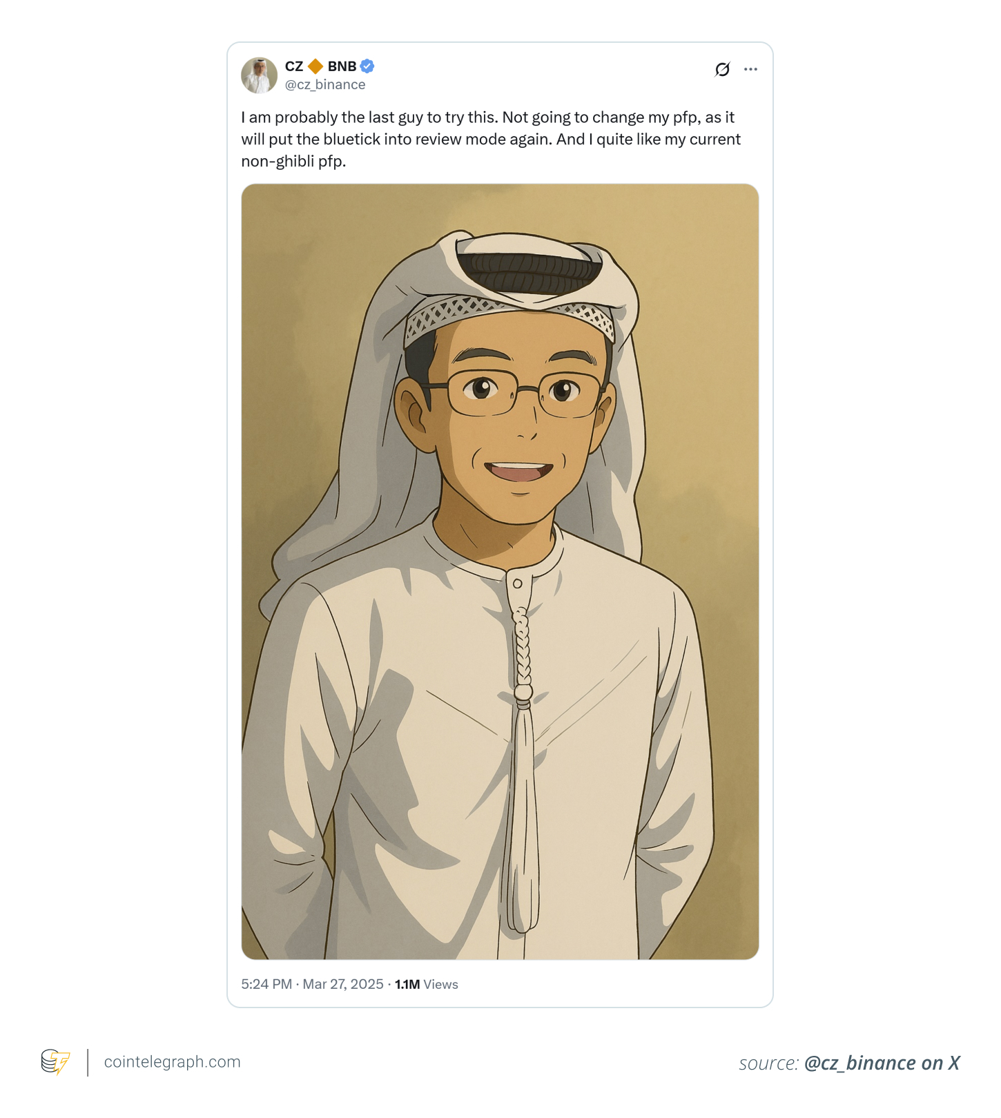 Changpeng Zhao put up a Ghibli post of himself